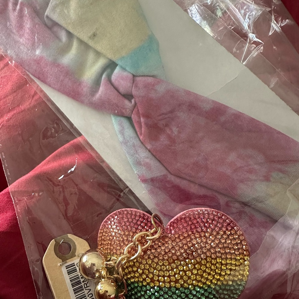 NWT: Rhinestone Rainbow Heart Keychain with Tassel with rainbow headband